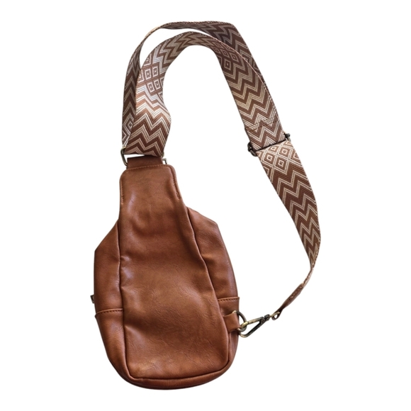 Sling Bag Brown Crossbody Pockets Credit Card Holder Zippers Faux Leather Lined - Picture 2 of 15